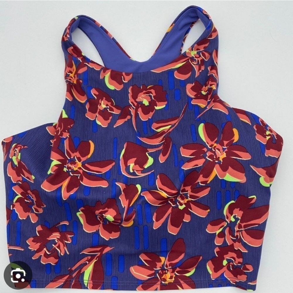 Athleta Purple Floral Sports Bra with Red & Green Accents